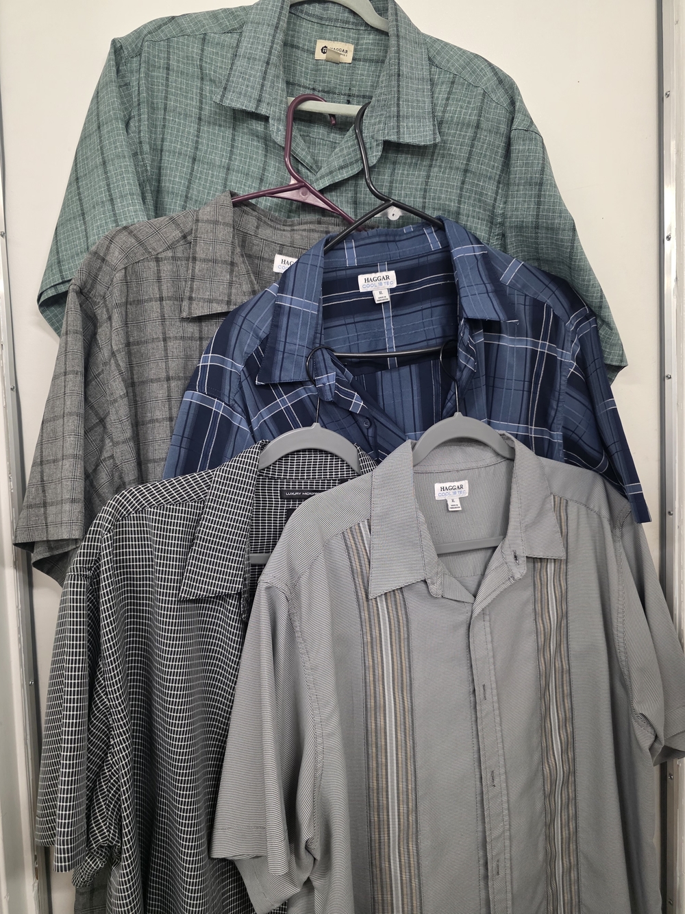 5 Haggar Men's Short-Sleeve Button-Down Shirts - Blue, Gray, Green Assortment